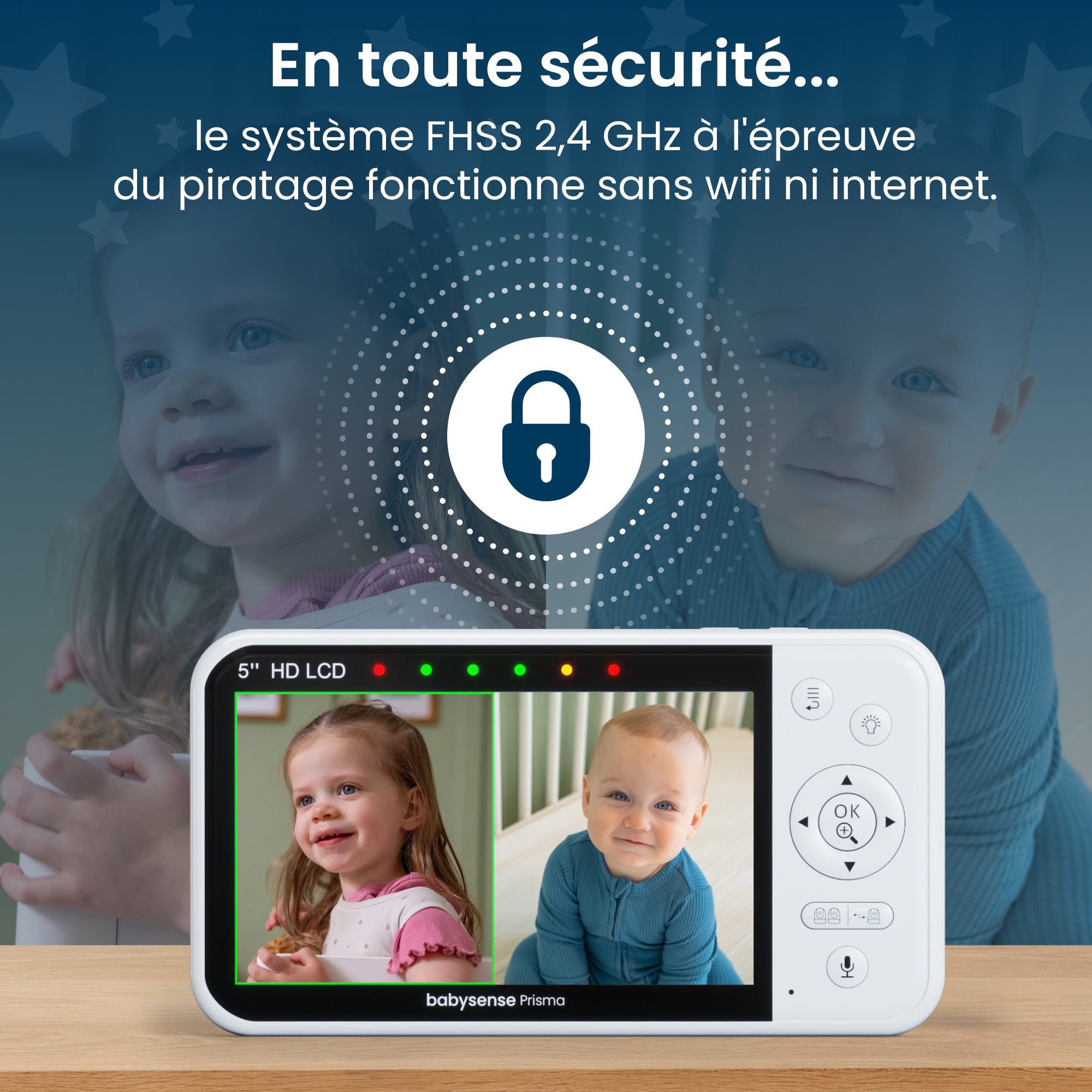 Babysense Prisma : Moniteur Vidéo Bébé avec 2 Caméras, Sans WiFi, Écran Divisé, Veilleuse et Machine à Sons
