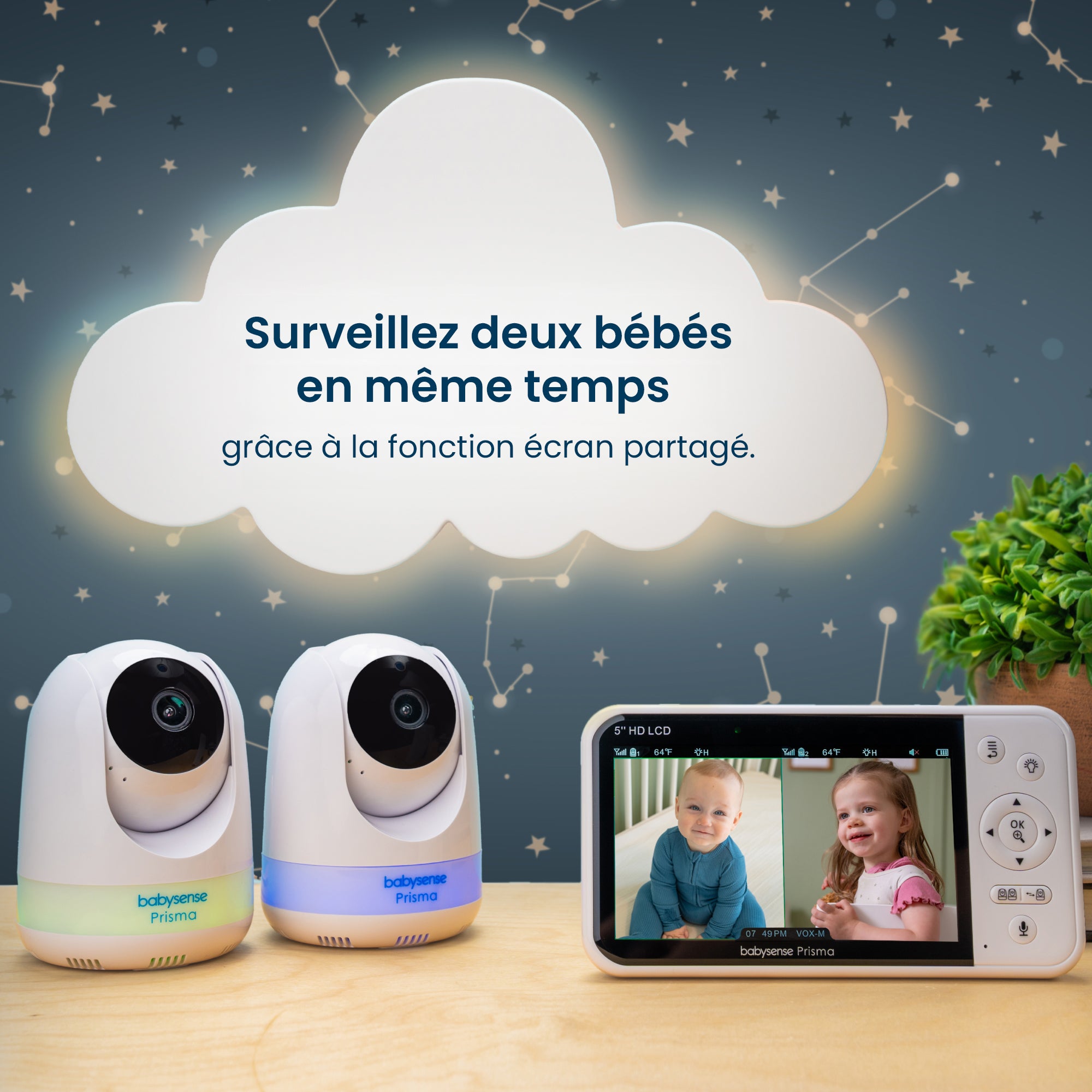 Babysense Prisma : Moniteur Vidéo Bébé avec 2 Caméras, Sans WiFi, Écran Divisé, Veilleuse et Machine à Sons