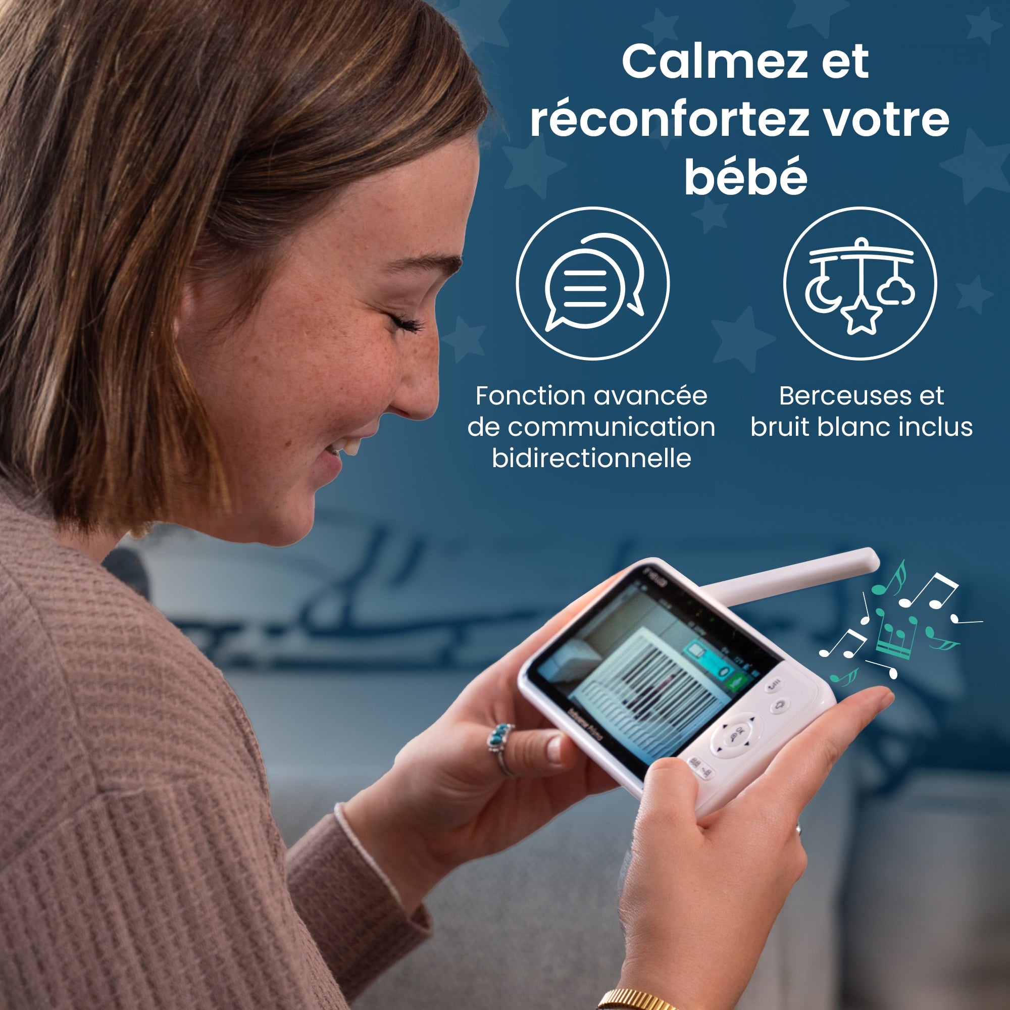 Babysense Prisma : Moniteur Vidéo Bébé avec 2 Caméras, Sans WiFi, Écran Divisé, Veilleuse et Machine à Sons