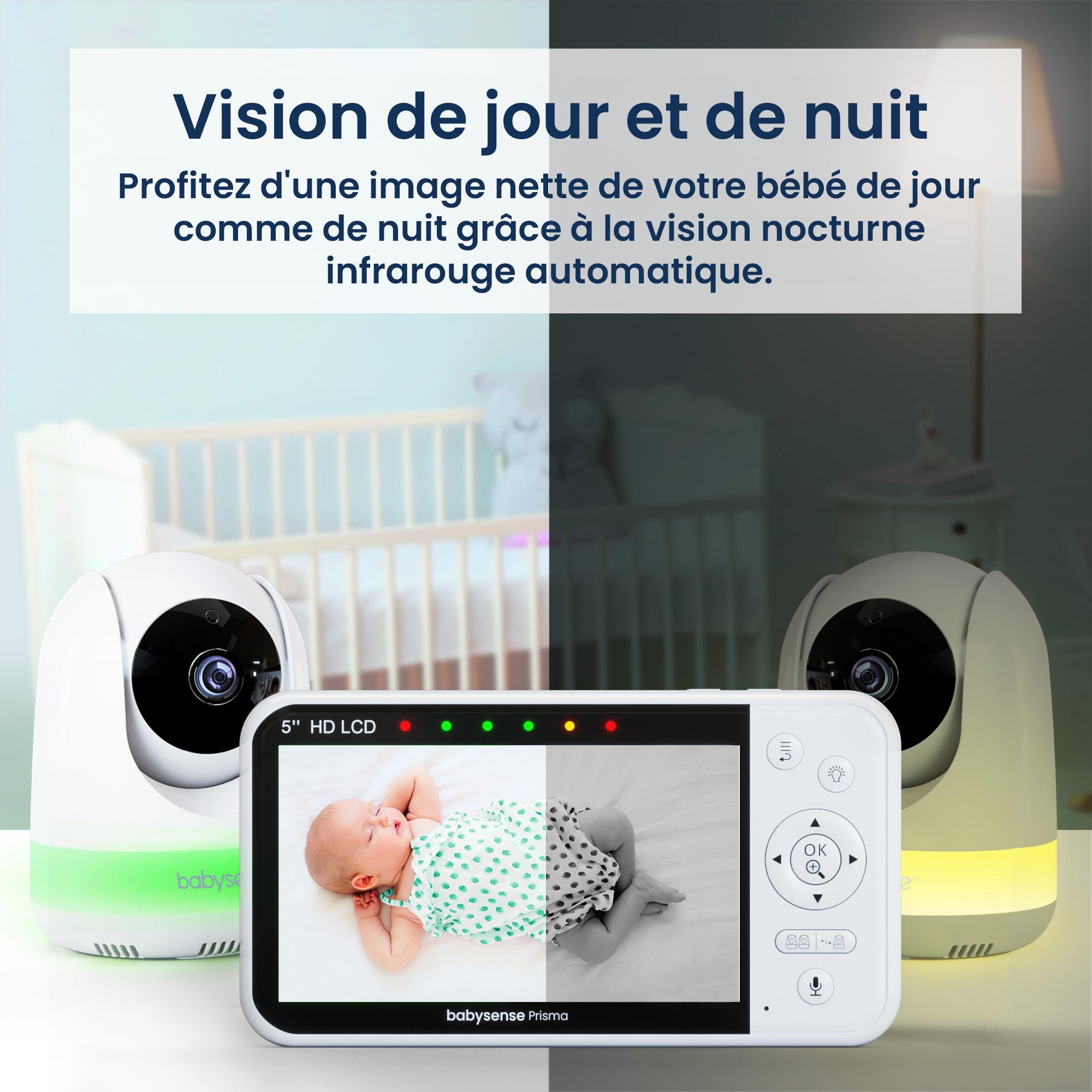 Babysense Prisma : Moniteur Vidéo Bébé avec 2 Caméras, Sans WiFi, Écran Divisé, Veilleuse et Machine à Sons