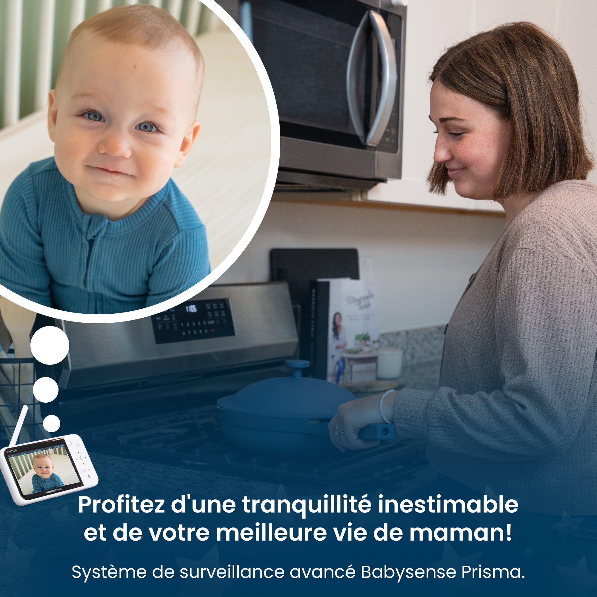 Babysense Prisma : Moniteur Vidéo Bébé avec 2 Caméras, Sans WiFi, Écran Divisé, Veilleuse et Machine à Sons