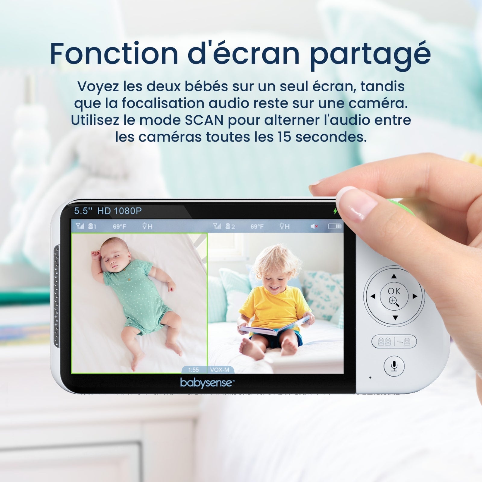Babysense Max View: Video Baby Monitor with 2 cameras, Non Wifi, Split Screen, Night Light & Sound Machine