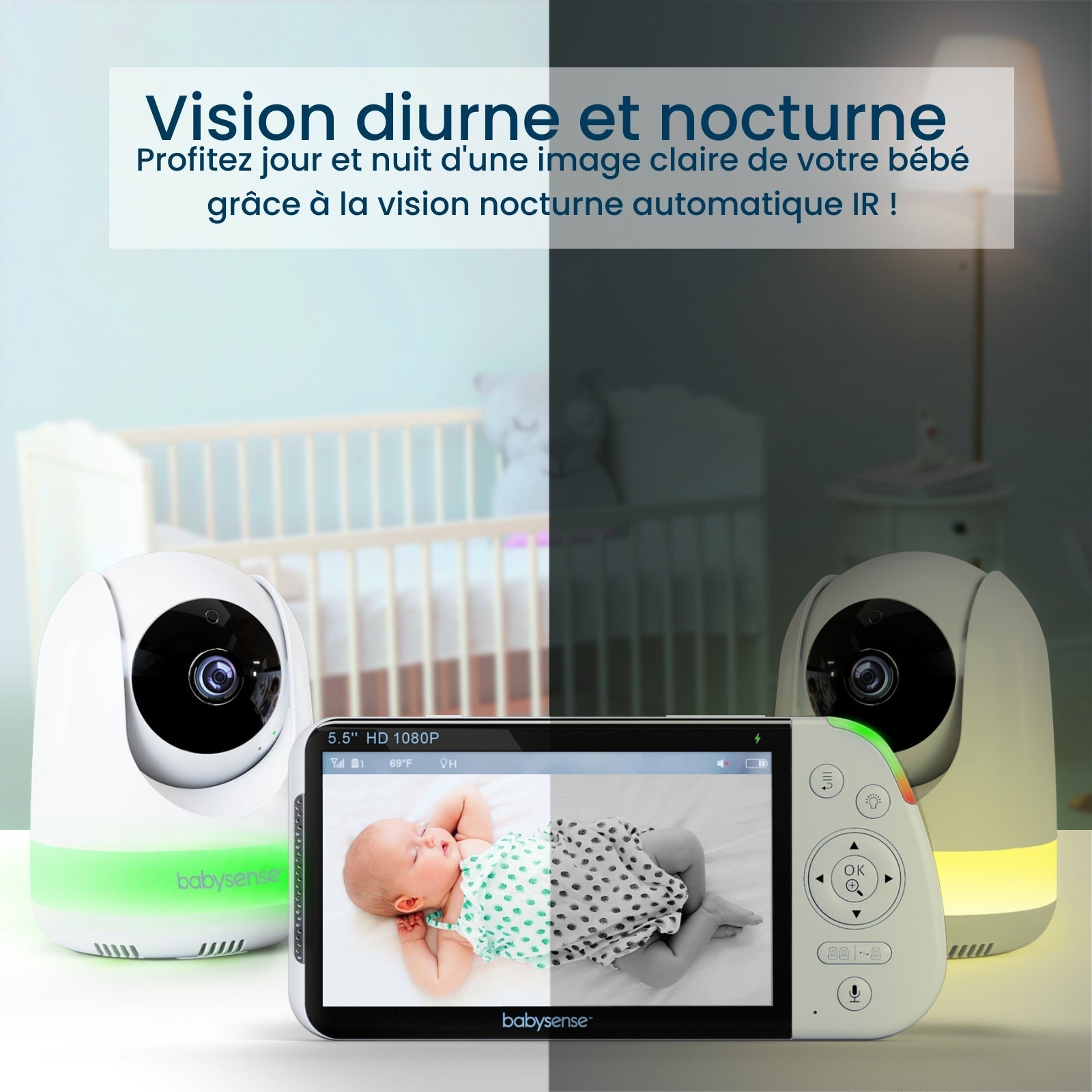Babysense Max View: Video Baby Monitor with 2 cameras, Non Wifi, Split Screen, Night Light & Sound Machine