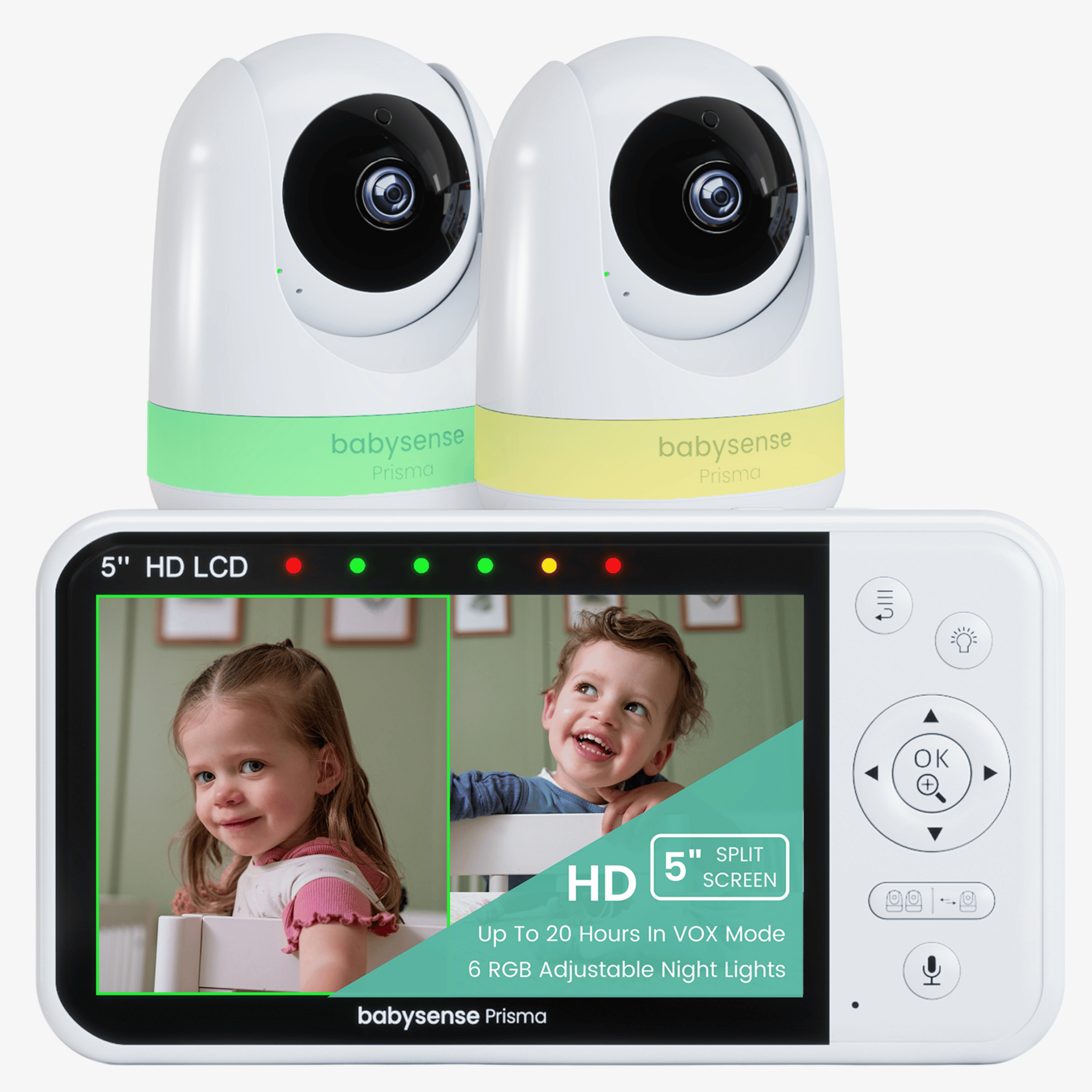 Babysense Prisma : Moniteur Vidéo Bébé avec 2 Caméras, Sans WiFi, Écran Divisé, Veilleuse et Machine à Sons