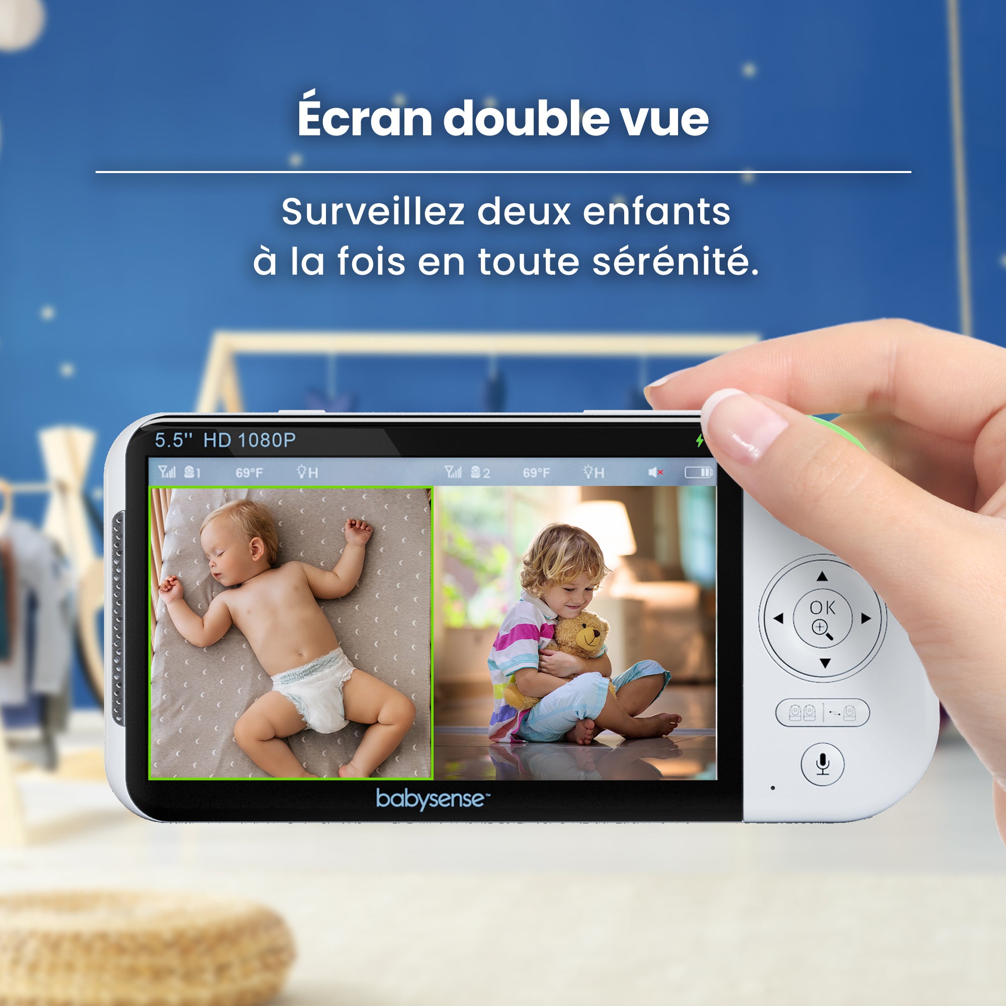 Babysense MaxView PRO: Video Baby Monitor with 2 cameras, Non Wifi, Split Screen, Night Light & Sound Machine